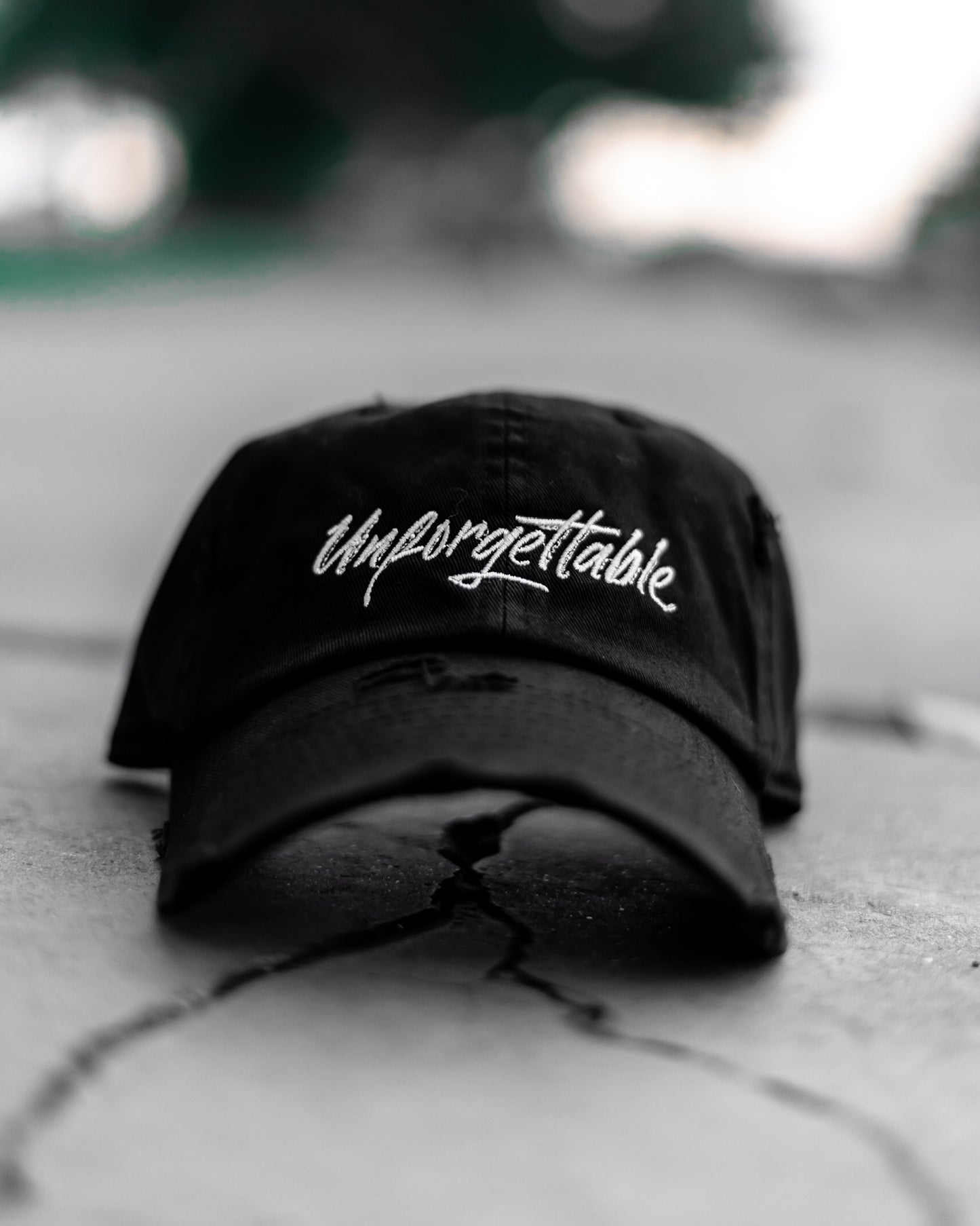 Unforgettable Black Distressed Dad Hat